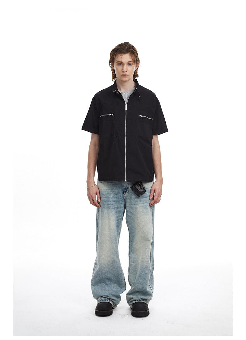 Deconstructed Moto Zip-Up Shirt Retro Workwear Shirt with Stand Collar