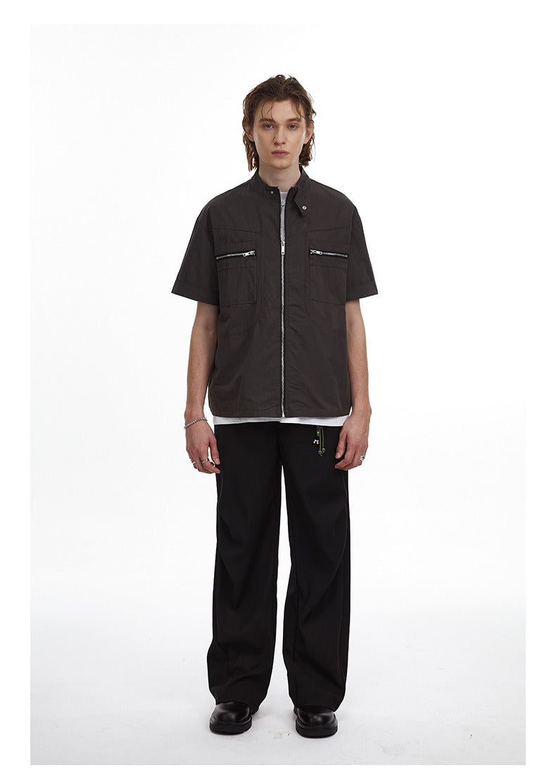 Deconstructed Moto Zip-Up Shirt Retro Workwear Shirt with Stand Collar