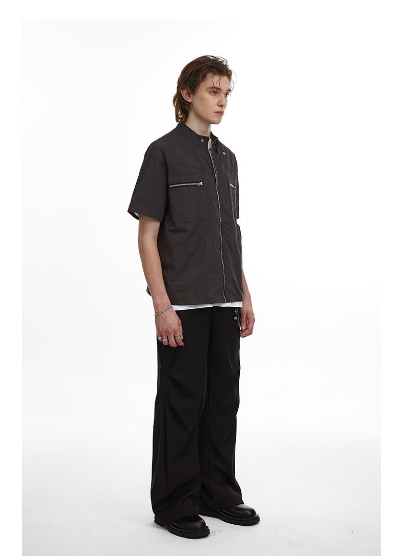 Deconstructed Moto Zip-Up Shirt Retro Workwear Shirt with Stand Collar