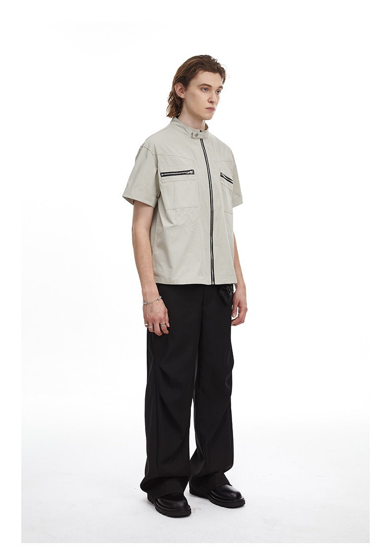 Deconstructed Moto Zip-Up Shirt Retro Workwear Shirt with Stand Collar