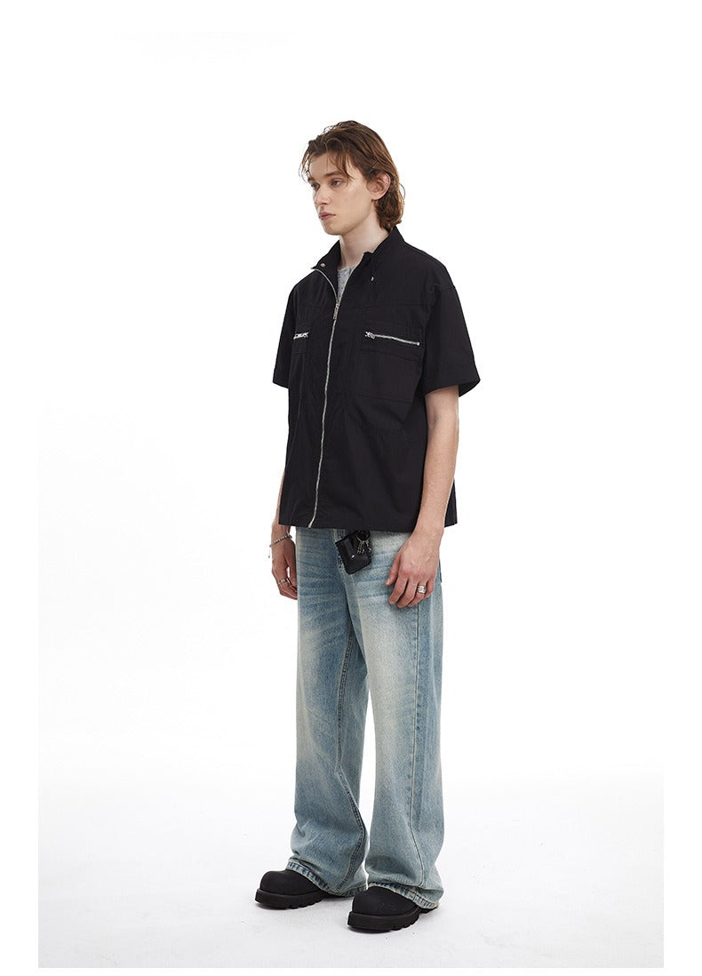 Deconstructed Moto Zip-Up Shirt Retro Workwear Shirt with Stand Collar