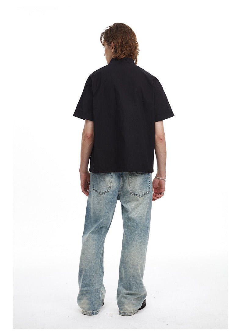 Deconstructed Moto Zip-Up Shirt Retro Workwear Shirt with Stand Collar