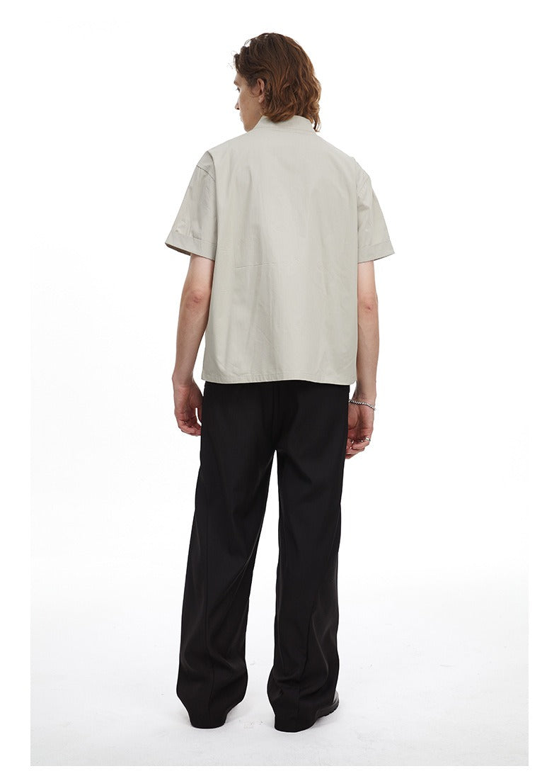 Deconstructed Moto Zip-Up Shirt Retro Workwear Shirt with Stand Collar