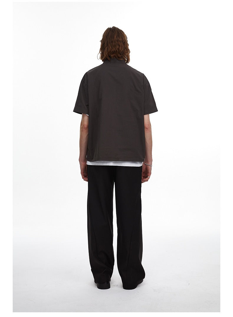 Deconstructed Moto Zip-Up Shirt Retro Workwear Shirt with Stand Collar