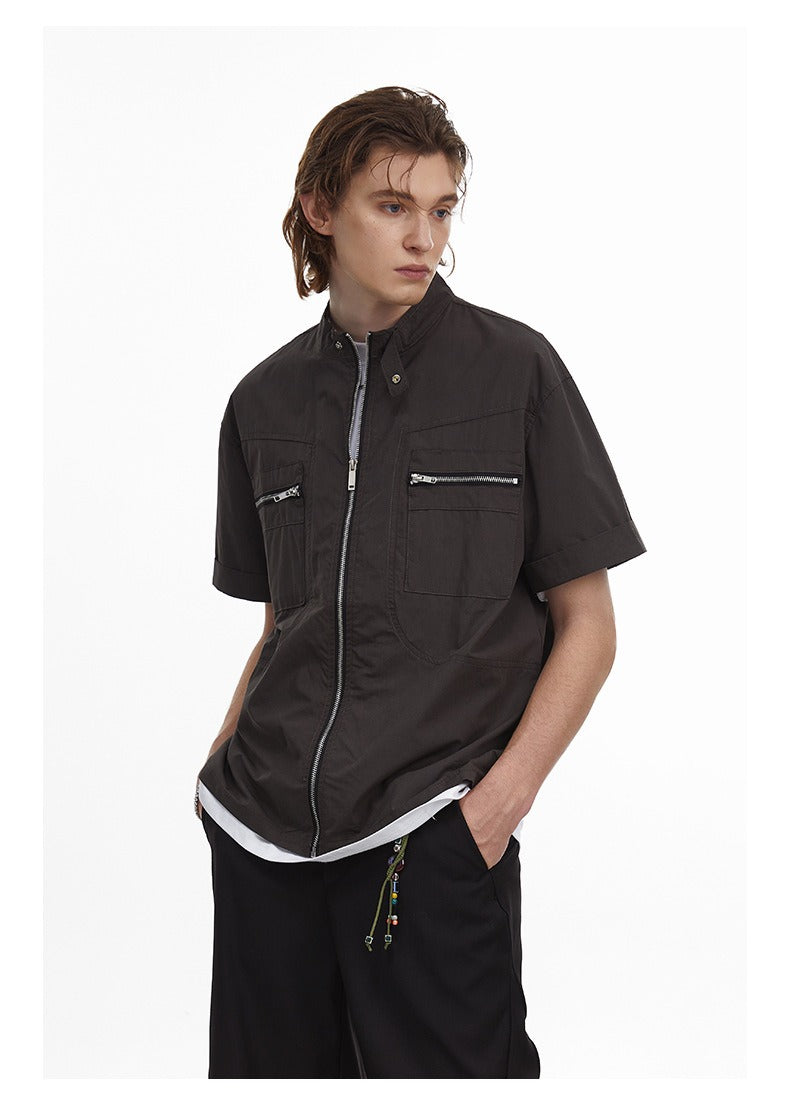 Deconstructed Moto Zip-Up Shirt Retro Workwear Shirt with Stand Collar
