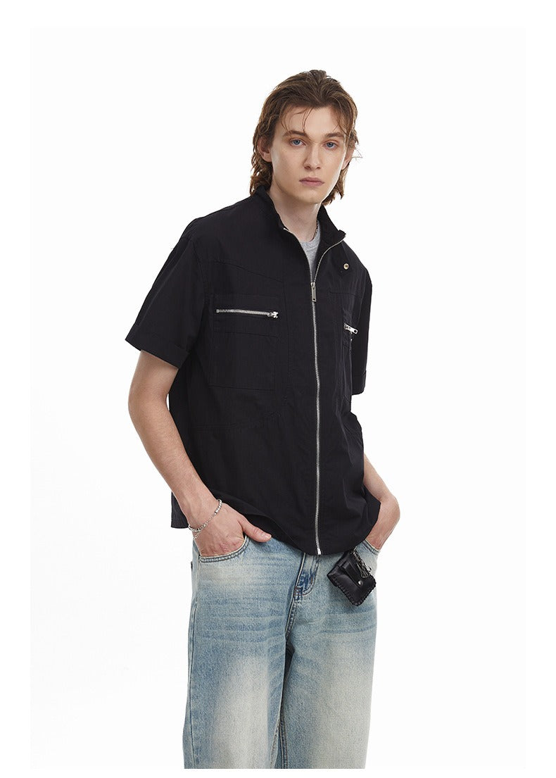 Deconstructed Moto Zip-Up Shirt Retro Workwear Shirt with Stand Collar