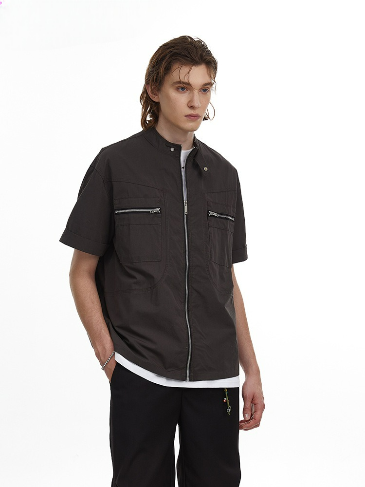 Deconstructed Moto Zip-Up Shirt Retro Workwear Shirt with Stand Collar