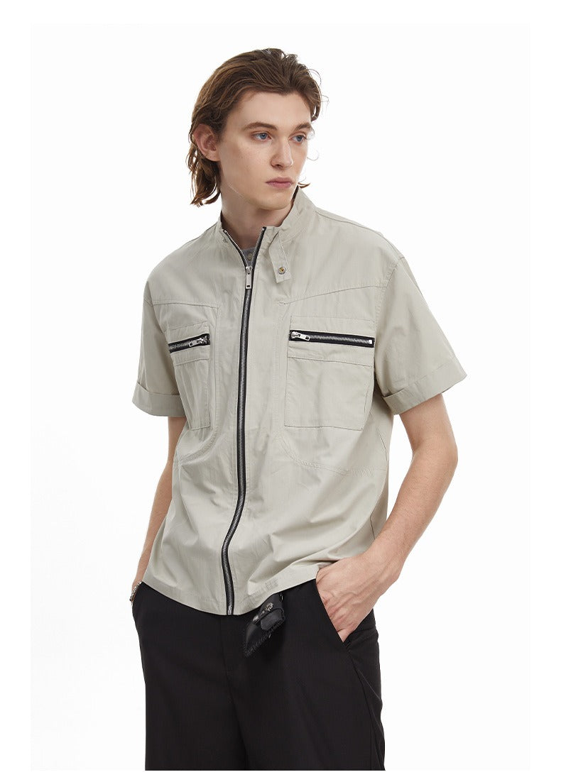 Deconstructed Moto Zip-Up Shirt Retro Workwear Shirt with Stand Collar