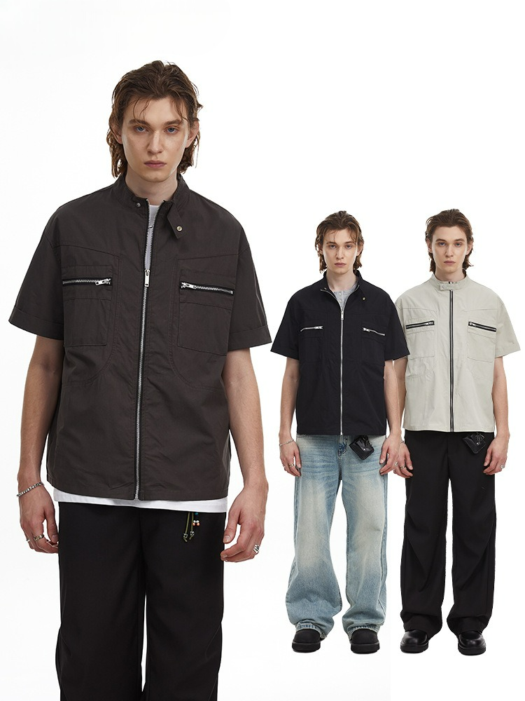 Deconstructed Moto Zip-Up Shirt Retro Workwear Shirt with Stand Collar