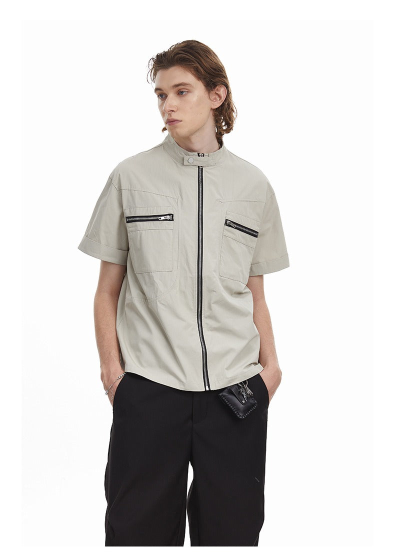 Deconstructed Moto Zip-Up Shirt Retro Workwear Shirt with Stand Collar