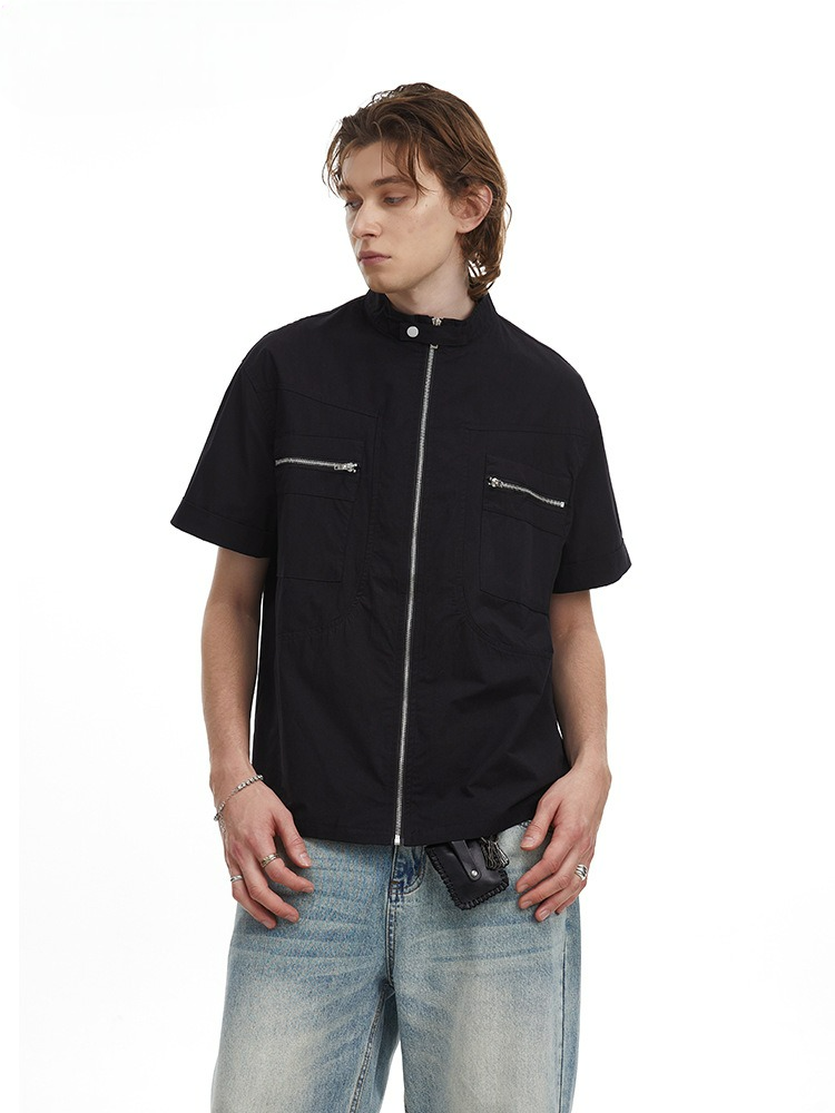 Deconstructed Moto Zip-Up Shirt Retro Workwear Shirt with Stand Collar