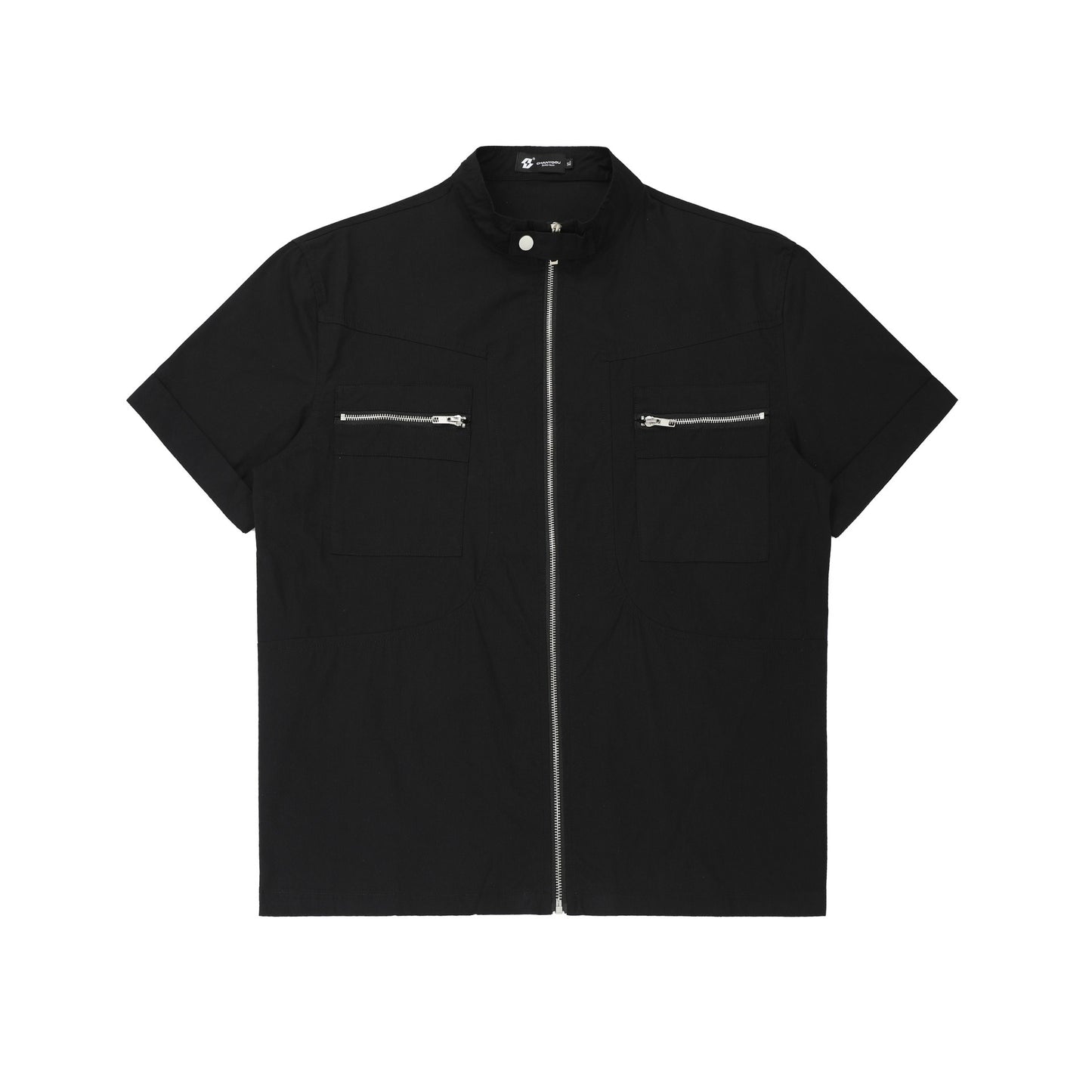 Deconstructed Moto Zip-Up Shirt Retro Workwear Shirt with Stand Collar