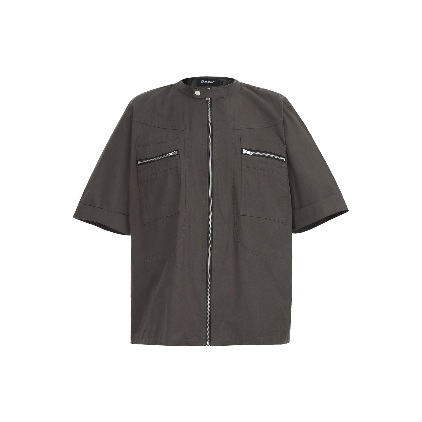 Deconstructed Moto Zip-Up Shirt Retro Workwear Shirt with Stand Collar
