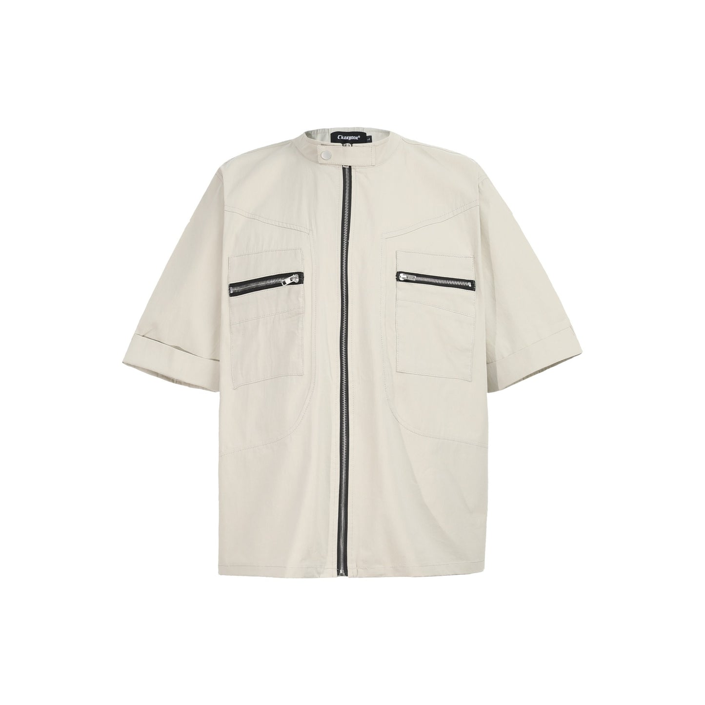 Deconstructed Moto Zip-Up Shirt Retro Workwear Shirt with Stand Collar