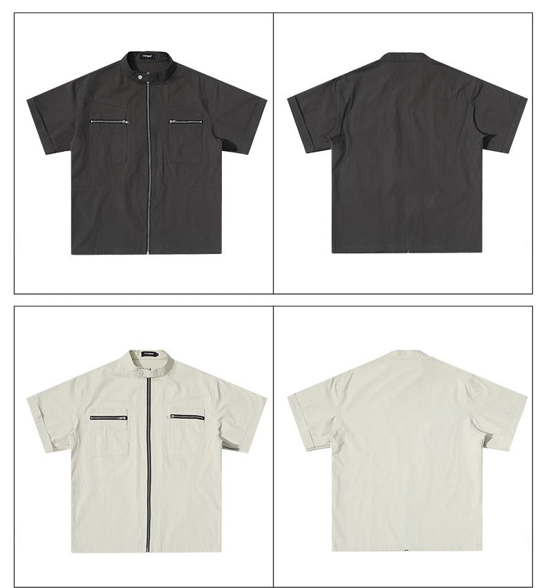 Deconstructed Moto Zip-Up Shirt Retro Workwear Shirt with Stand Collar