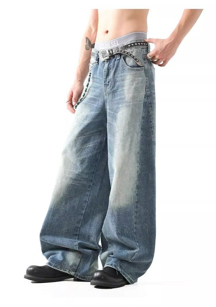 Deconstructed Wide Leg Jeans Retro Wash Vibe