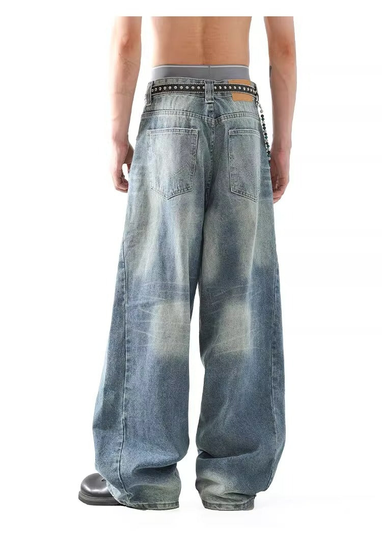 Deconstructed Wide Leg Jeans Retro Wash Vibe