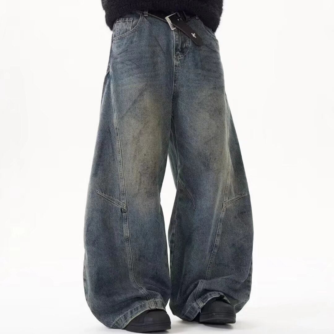 Deconstructed Wide Leg Jeans Vintage Curved Fit Denim