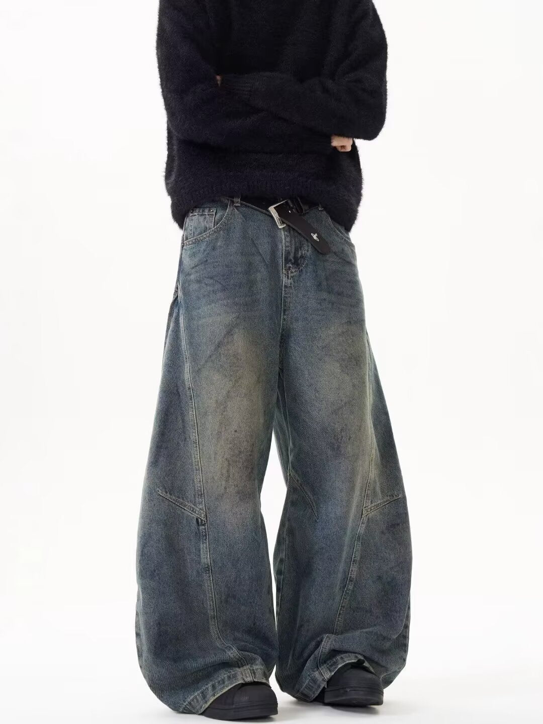 Deconstructed Wide Leg Jeans Vintage Curved Fit Denim