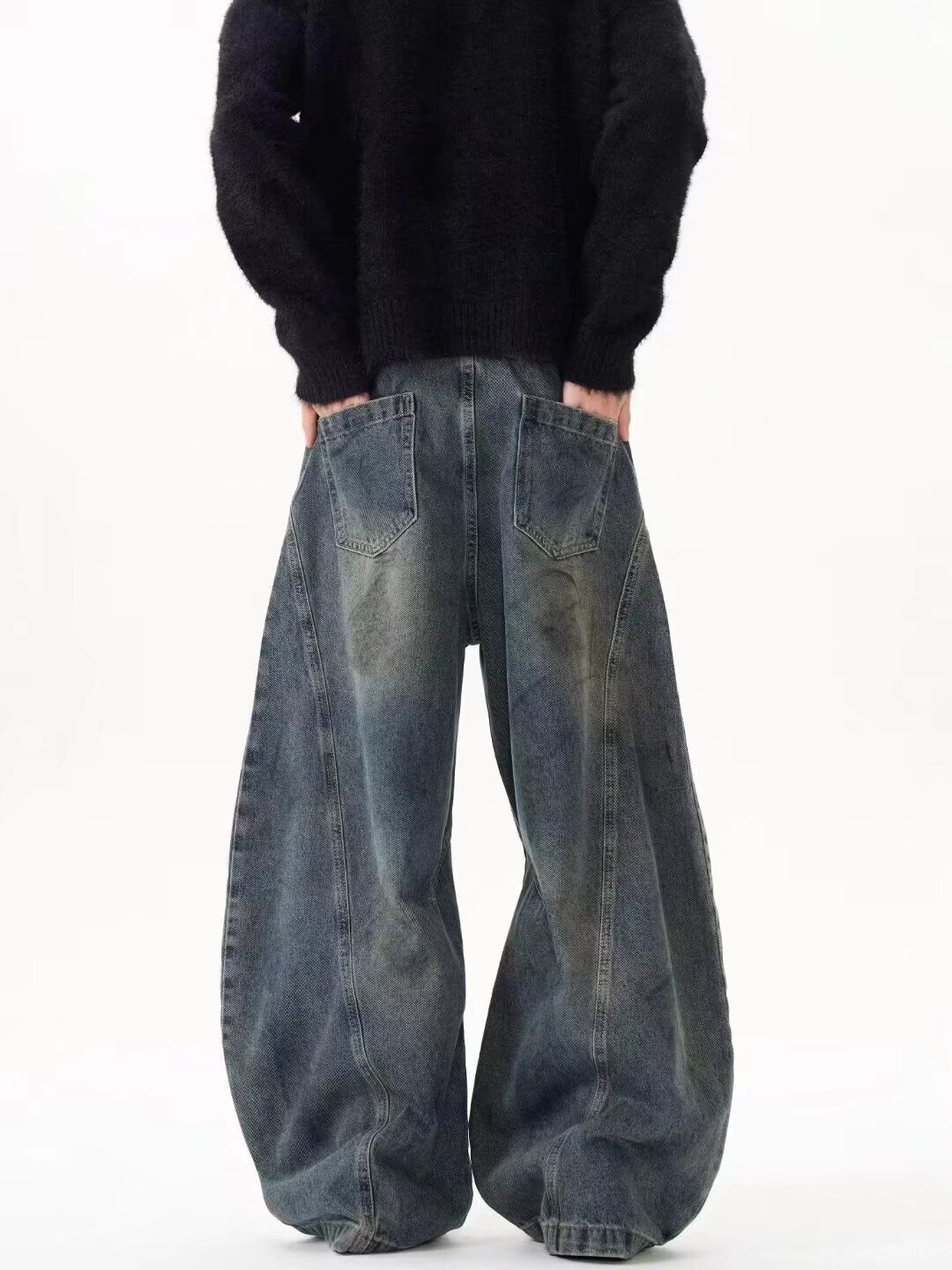Deconstructed Wide Leg Jeans Vintage Curved Fit Denim