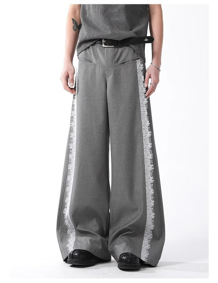Grey Lace Stripe Pants Retro Wide Leg Designer Fit