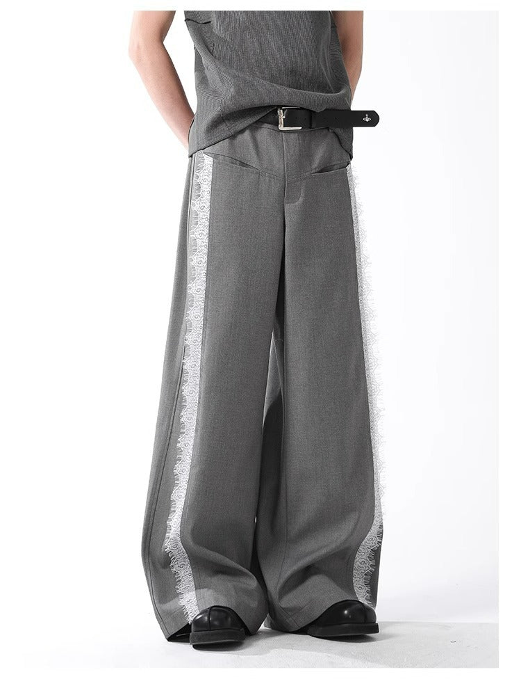 Grey Lace Stripe Pants Retro Wide Leg Designer Fit