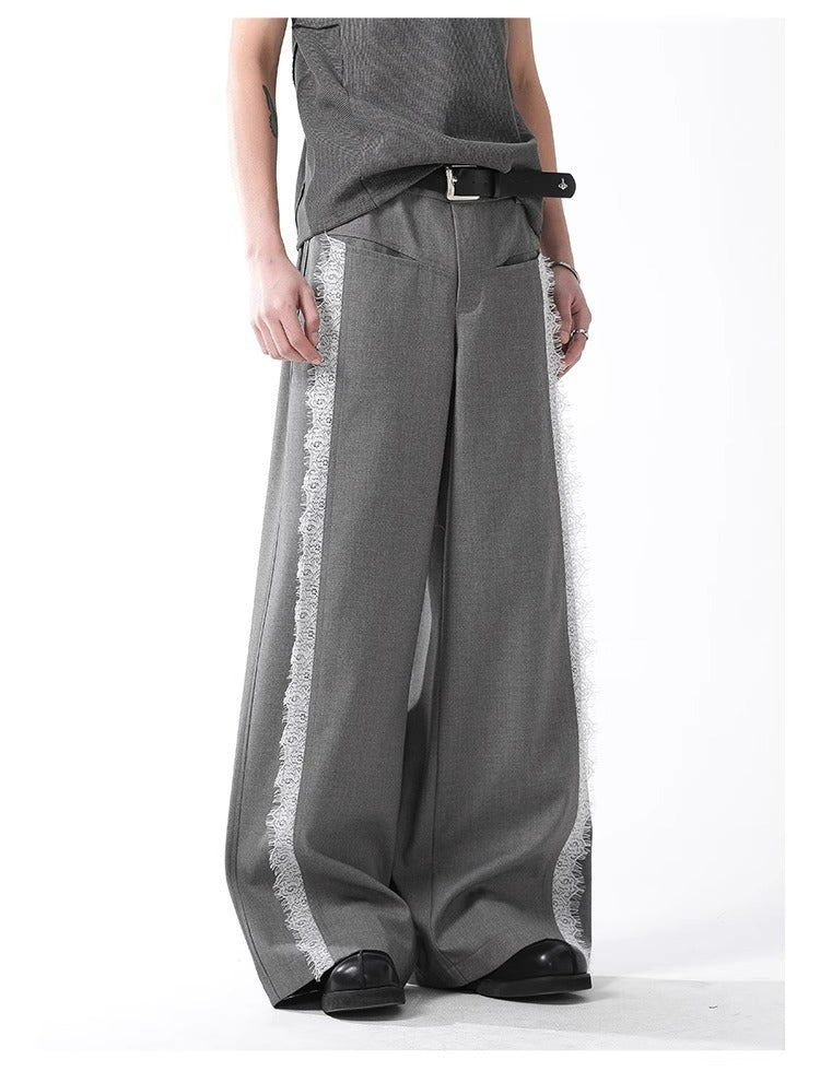 Grey Lace Stripe Pants Retro Wide Leg Designer Fit