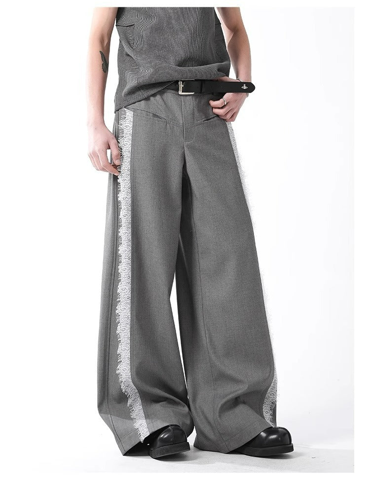 Grey Lace Stripe Pants Retro Wide Leg Designer Fit