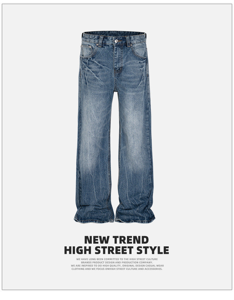 High Street Washed Distressed Jeans Faded Texture Straight Denim Jeans