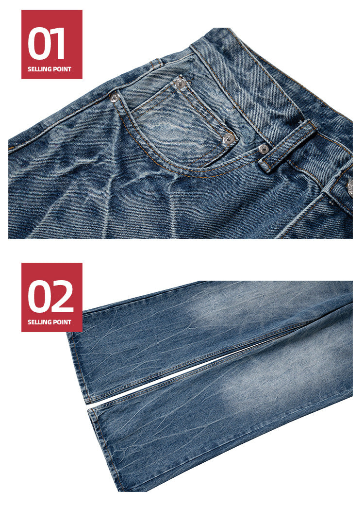 High Street Washed Distressed Jeans Faded Texture Straight Denim Jeans