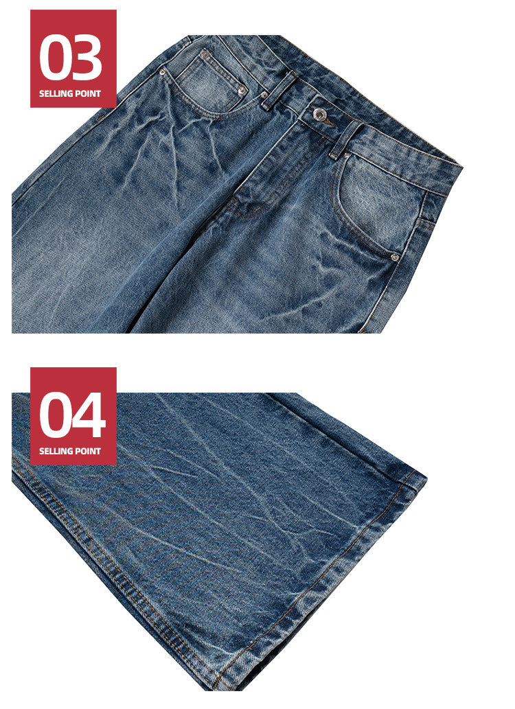 High Street Washed Distressed Jeans Faded Texture Straight Denim Jeans