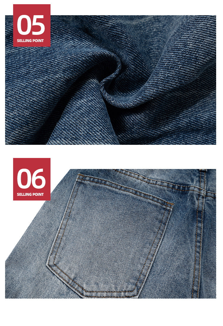 High Street Washed Distressed Jeans Faded Texture Straight Denim Jeans