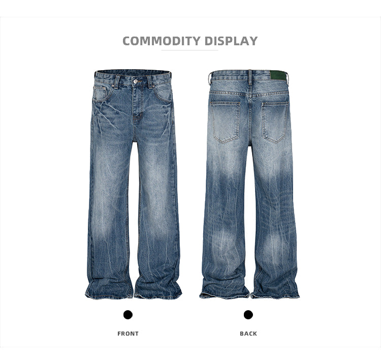 High Street Washed Distressed Jeans Faded Texture Straight Denim Jeans
