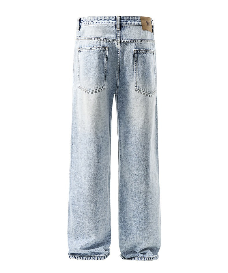 Light Blue Washed Jeans Retro Straight Leg Denim