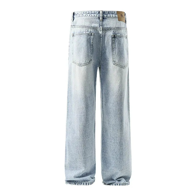 Light Blue Washed Jeans Retro Straight Leg Denim
