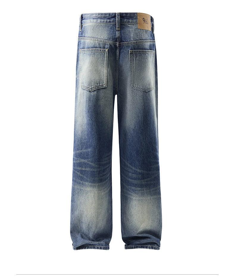 Light Blue Washed Jeans Retro Straight Leg Denim