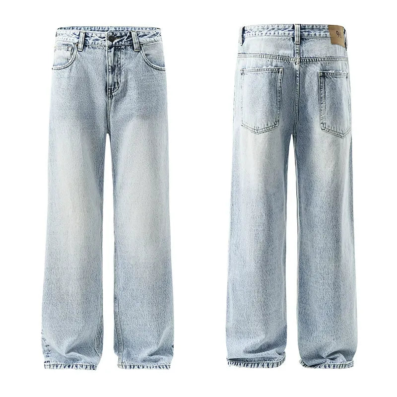 Light Blue Washed Jeans Retro Straight Leg Denim