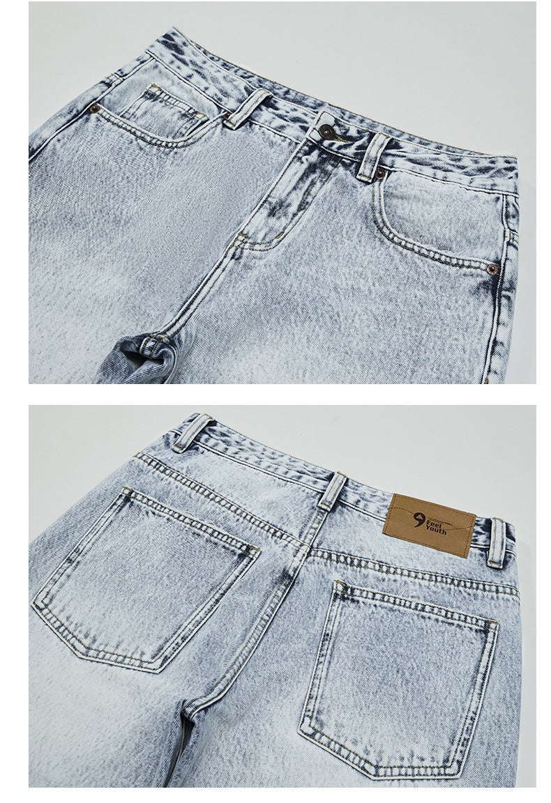 Light Blue Washed Jeans Retro Straight Leg Denim
