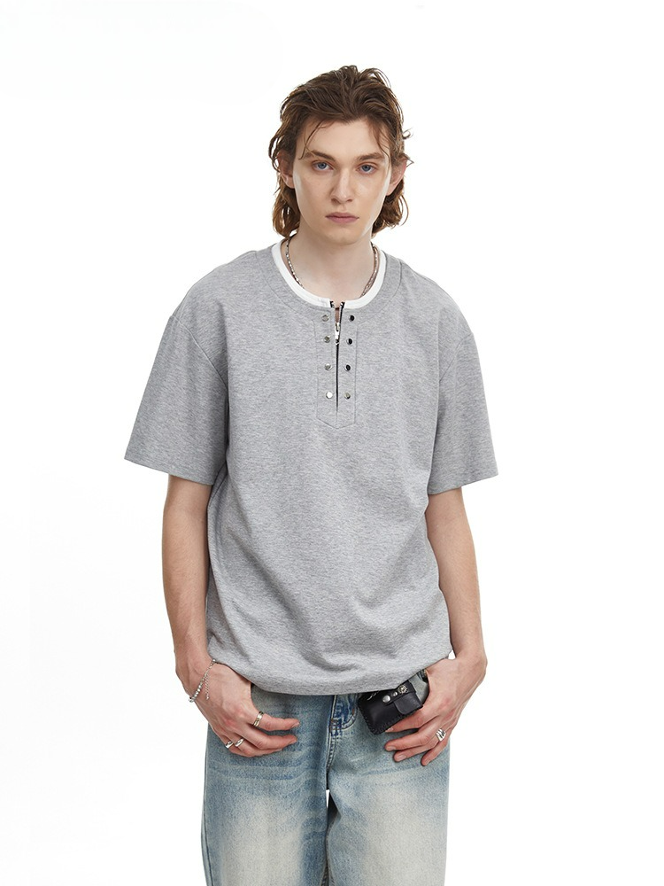 Men's Clean Fit Henley Tee Snap Button Faux Layer Design