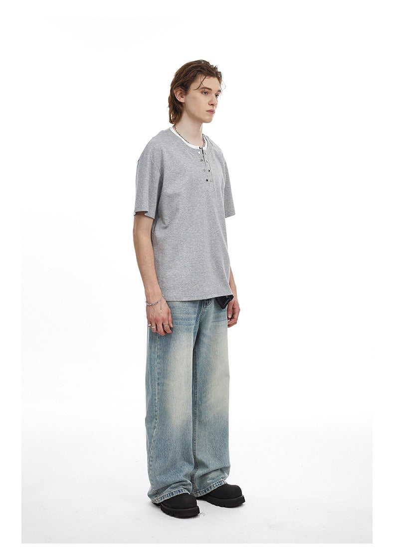 Men's Clean Fit Henley Tee Snap Button Faux Layer Design