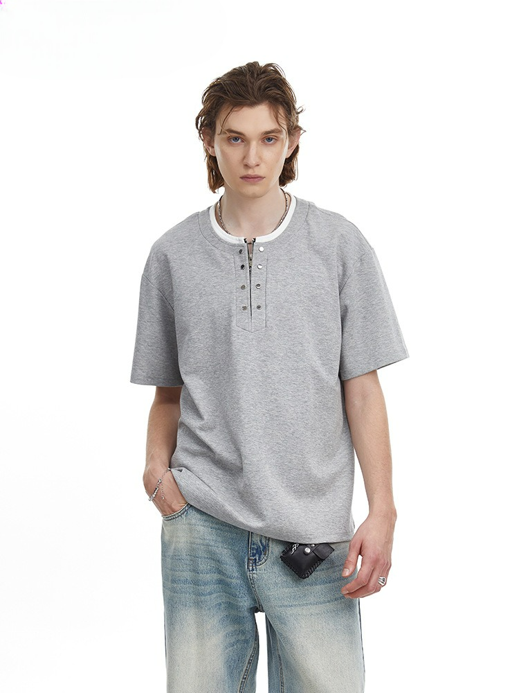 Men's Clean Fit Henley Tee Snap Button Faux Layer Design