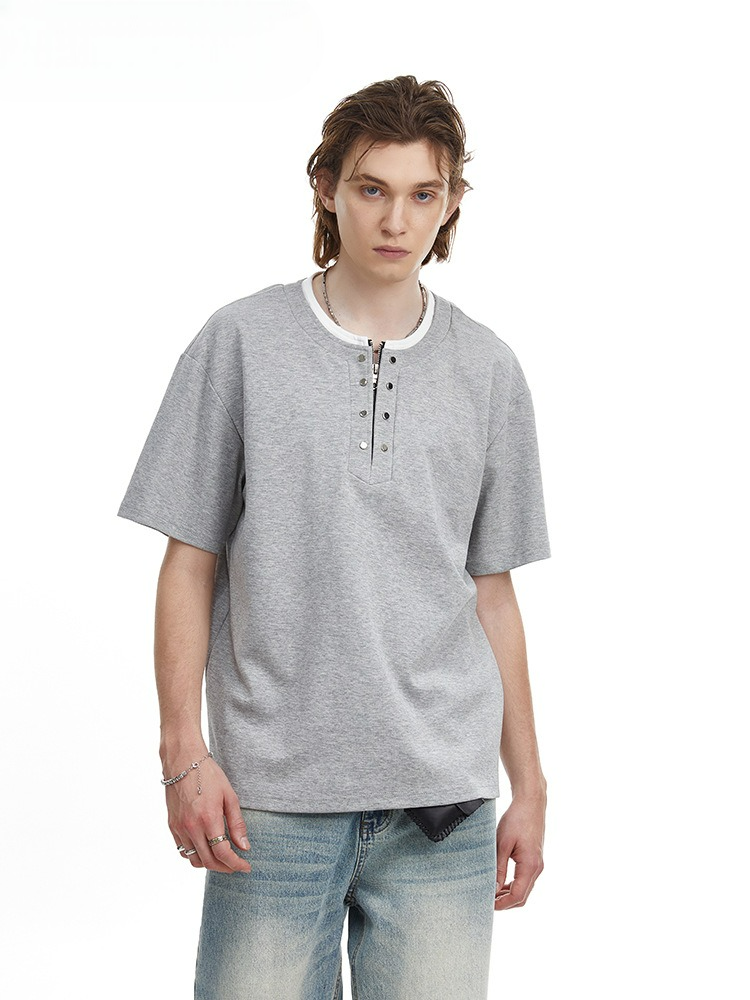 Men's Clean Fit Henley Tee Snap Button Faux Layer Design