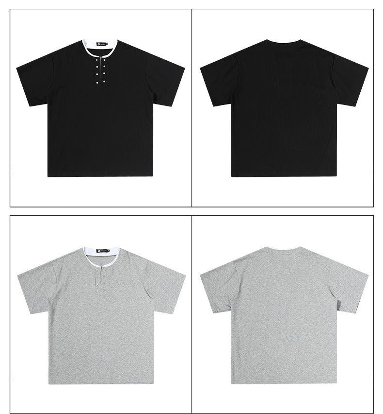Men's Clean Fit Henley Tee Snap Button Faux Layer Design