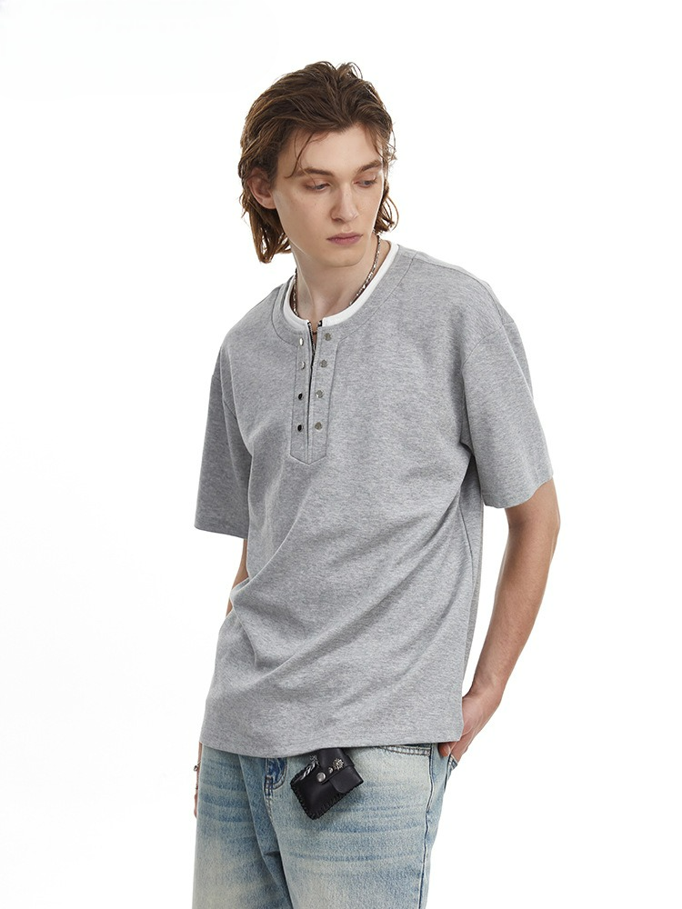 Men's Clean Fit Henley Tee Snap Button Faux Layer Design