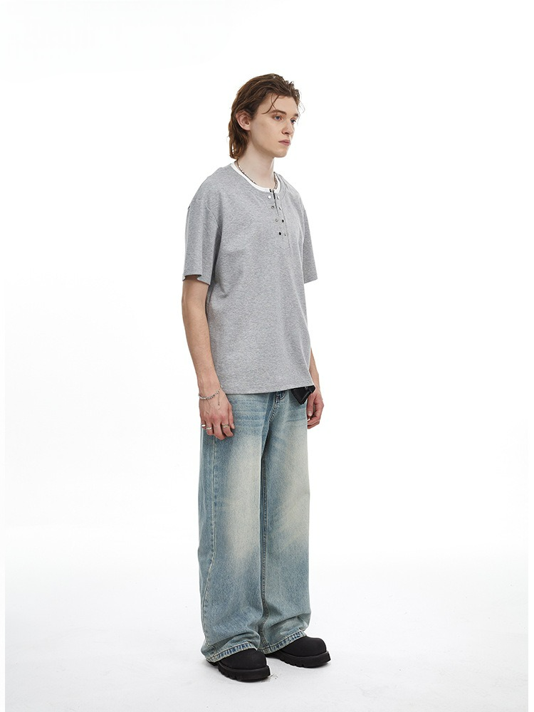 Men's Clean Fit Henley Tee Snap Button Faux Layer Design