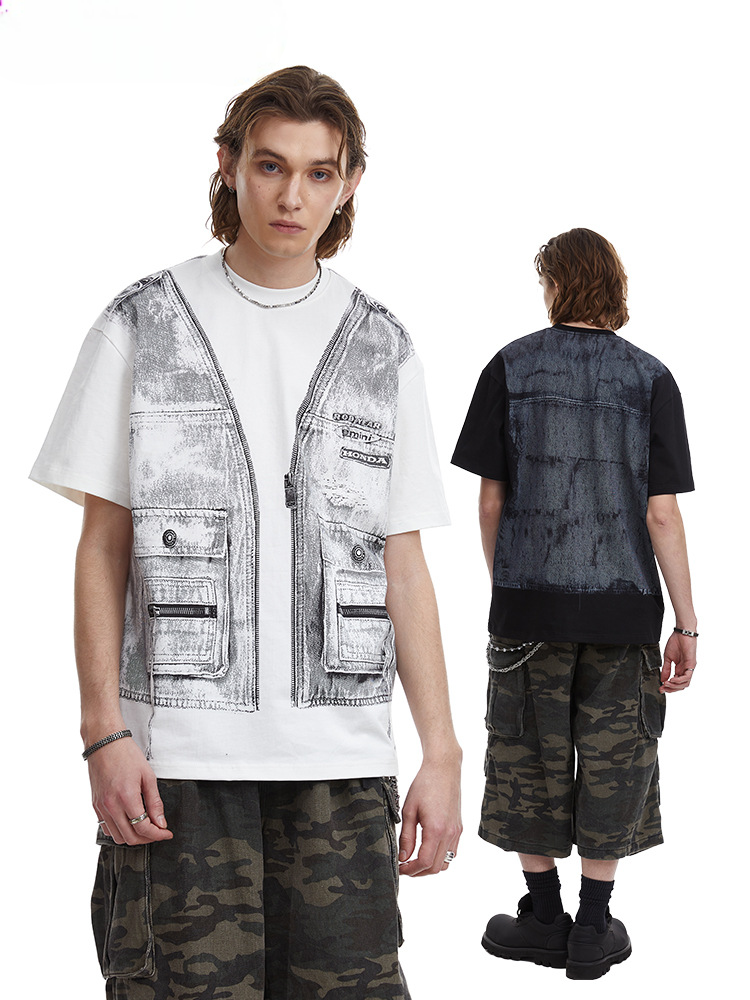 Faux Two Piece Workwear Tee Loose Fit Layered Print T-Shirt