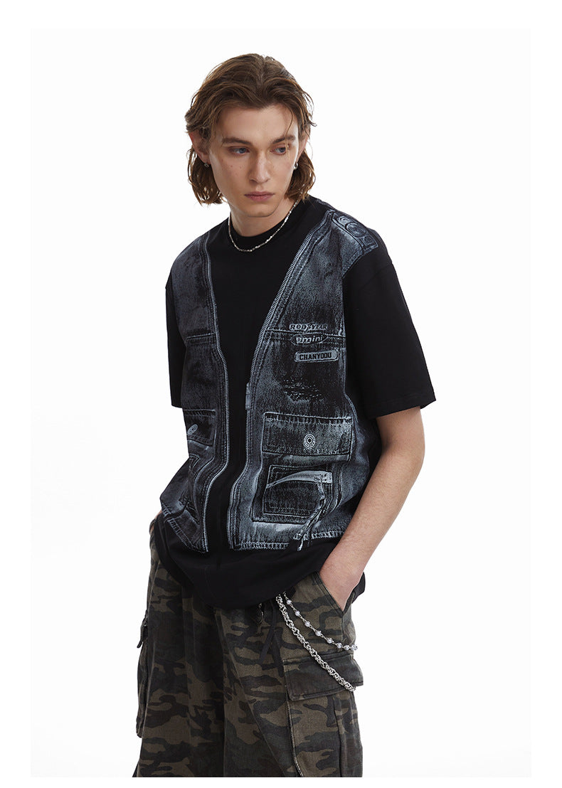 Faux Two Piece Workwear Tee Loose Fit Layered Print T-Shirt