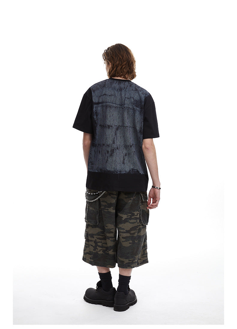 Faux Two Piece Workwear Tee Loose Fit Layered Print T-Shirt