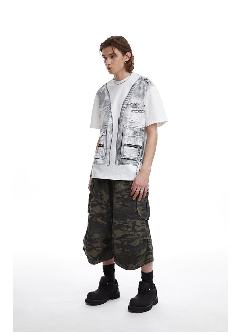 Faux Two Piece Workwear Tee Loose Fit Layered Print T-Shirt