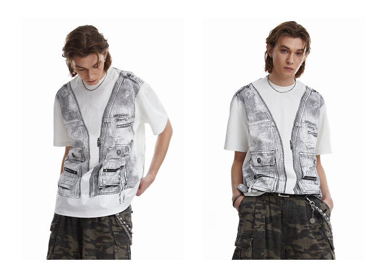 Faux Two Piece Workwear Tee Loose Fit Layered Print T-Shirt